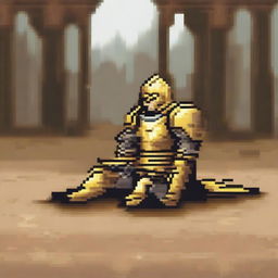 Create a pixel art image of a fallen warrior in golden armor lying on the ground