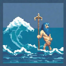 Create a pixel art image of Poseidon, the Greek god of the sea, but instead of feet, he has a mermaid-like fin