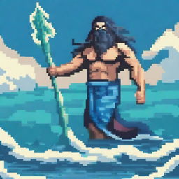 Create a pixel art image of Poseidon, the Greek god of the sea, but instead of feet, he has a mermaid-like fin