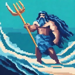 Create a pixel art image of Poseidon, the Greek god of the sea, but instead of feet, he has a mermaid-like fin