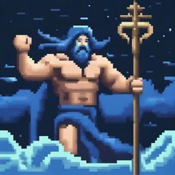 Create a pixel art image of Poseidon, the Greek god of the sea, but instead of feet, he has a mermaid-like fin