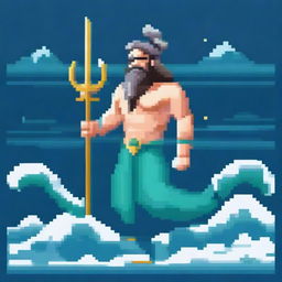 Create a pixel art image of Poseidon, the Greek god of the sea, with a unique twist: he has a mermaid-like tail instead of legs