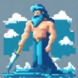 Create a pixel art image of Poseidon, the Greek god of the sea, with a unique twist: he has a mermaid-like tail instead of legs