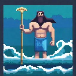 Create a pixel art image of Poseidon, the Greek god of the sea, with a unique twist: he has a mermaid-like tail instead of legs