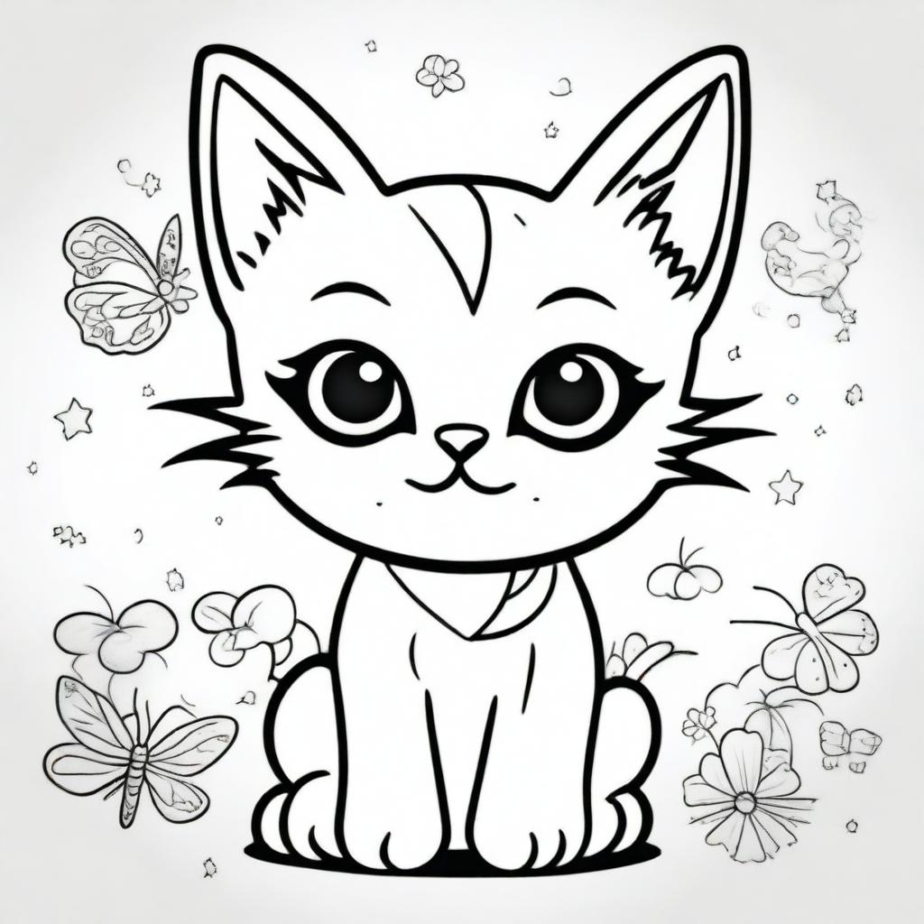 A cute and tiny kitten in a kawaii style designed as a coloring book page