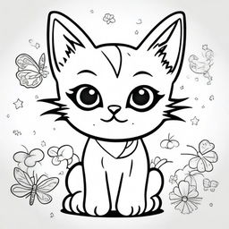 A cute and tiny kitten in a kawaii style designed as a coloring book page