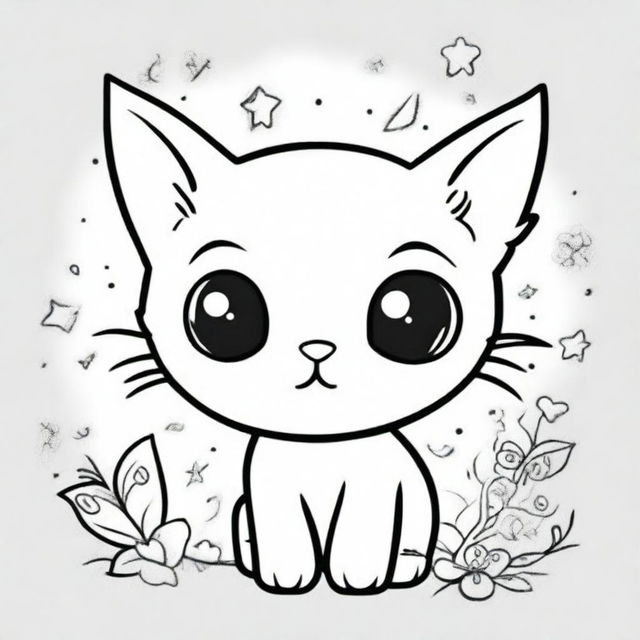 A cute and tiny kitten in a kawaii style designed as a coloring book page