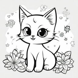 A cute and tiny kitten in a kawaii style designed as a coloring book page