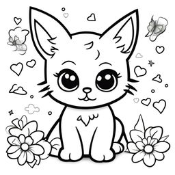 A cute and tiny kitten in a kawaii style designed as a coloring book page