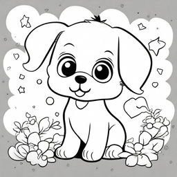 A cute and adorable puppy in a kawaii style designed as a coloring book page