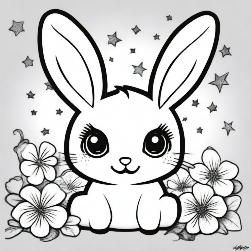 A cute and little bunny in a kawaii style designed as a coloring book page