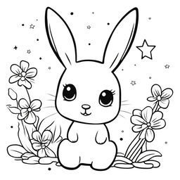 A cute and little bunny in a kawaii style designed as a coloring book page