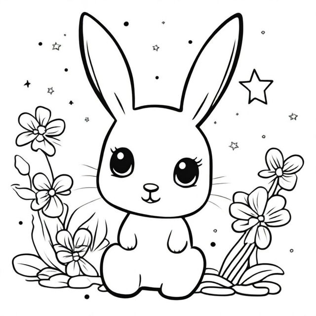 A cute and little bunny in a kawaii style designed as a coloring book page