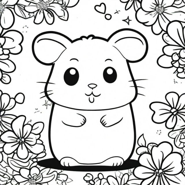 A cute and happy hamster in a kawaii style designed as a coloring book page