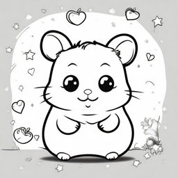 A cute and happy hamster in a kawaii style designed as a coloring book page