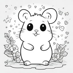 A cute and happy hamster in a kawaii style designed as a coloring book page