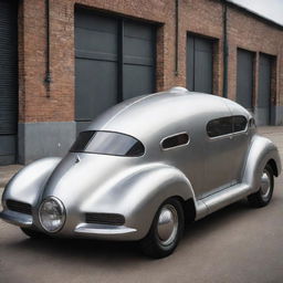 A futuristic 2100s car designed in a dieselpunk style, with a sleek, streamlined metal body, riveted steel plating, a pronounced diesel engine, and an overall gritty industrial aesthetic