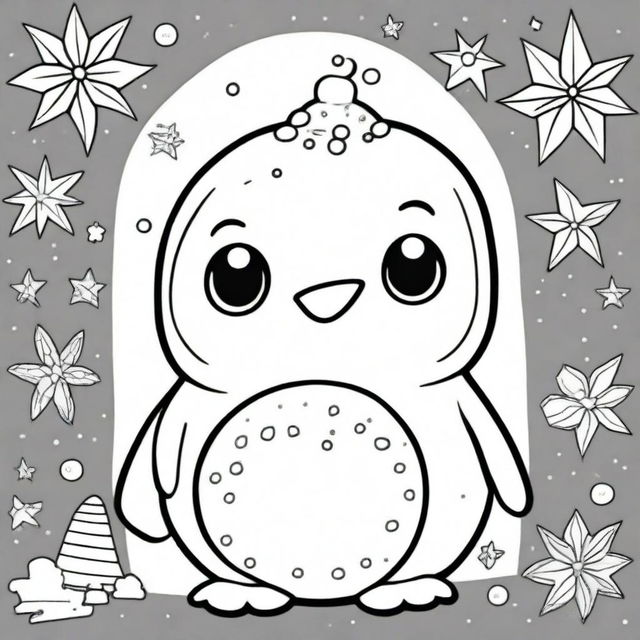 An adorable penguin in a kawaii style designed as a coloring book page