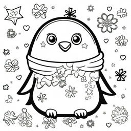 An adorable penguin in a kawaii style designed as a coloring book page