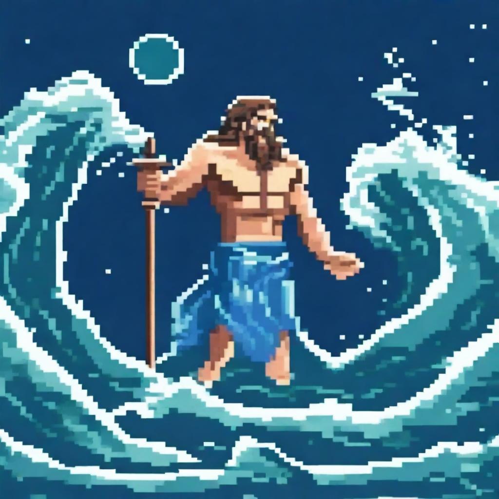 Create a pixel art image of Poseidon crying