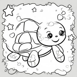 A cute and smiling turtle in a kawaii style designed as a coloring book page