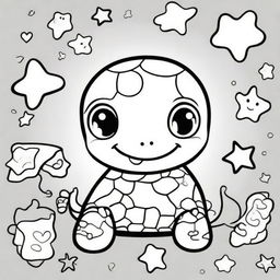 A cute and smiling turtle in a kawaii style designed as a coloring book page