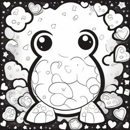 A cute and smiling turtle in a kawaii style designed as a coloring book page