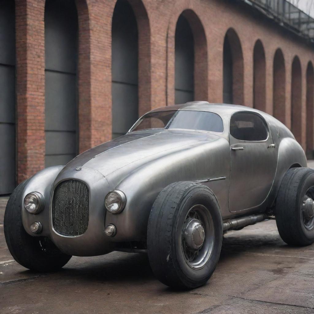 A futuristic car conceptualized in dieselpunk fashion, featuring a sleek industrial metal design, bolted steel paneling, a dominant diesel engine, and an overarching grungy post-industrial aesthetic