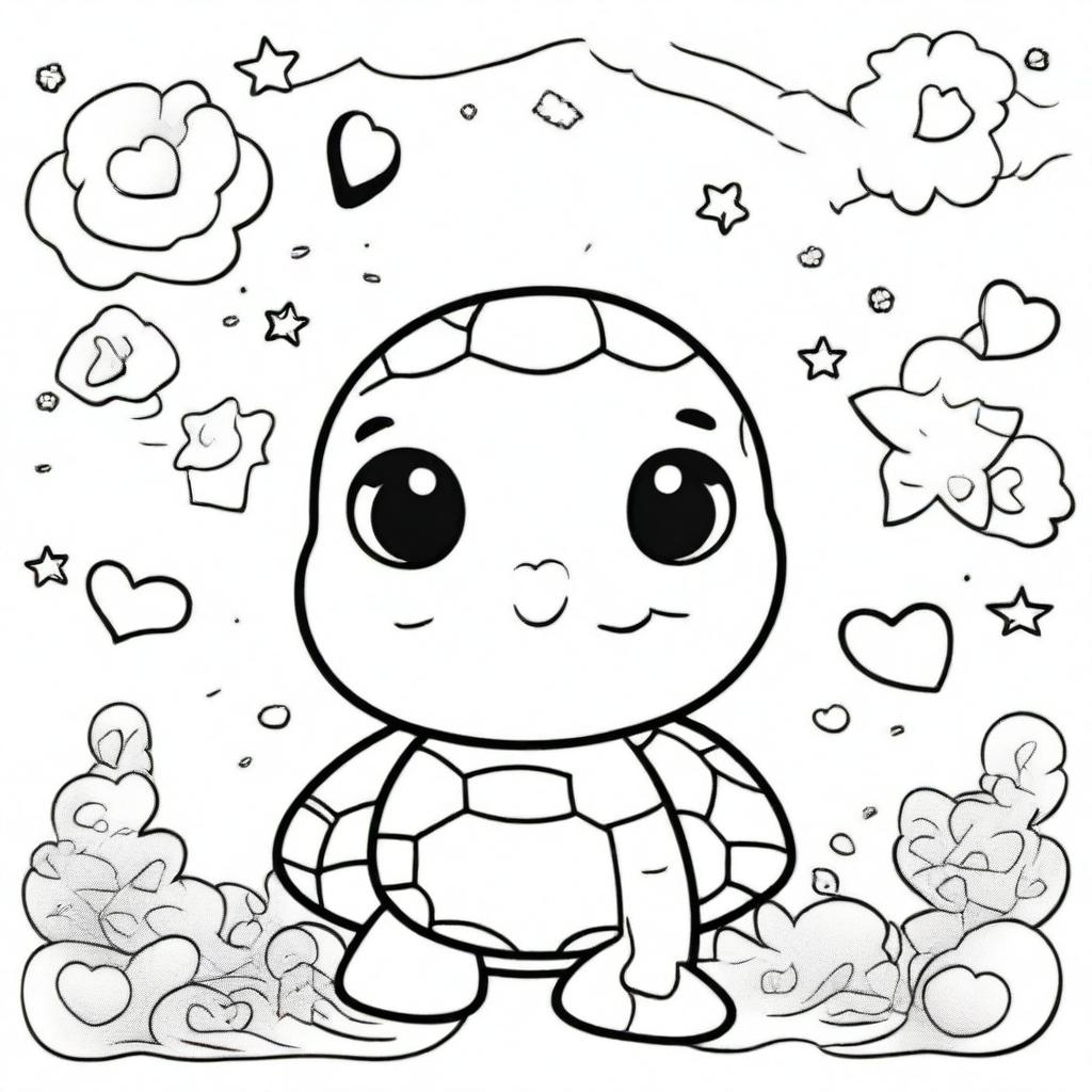 A cute and smiling turtle in a kawaii style designed as a coloring book page