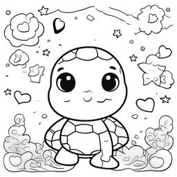 A cute and smiling turtle in a kawaii style designed as a coloring book page