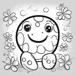 A cute and smiling turtle in a kawaii style designed as a coloring book page