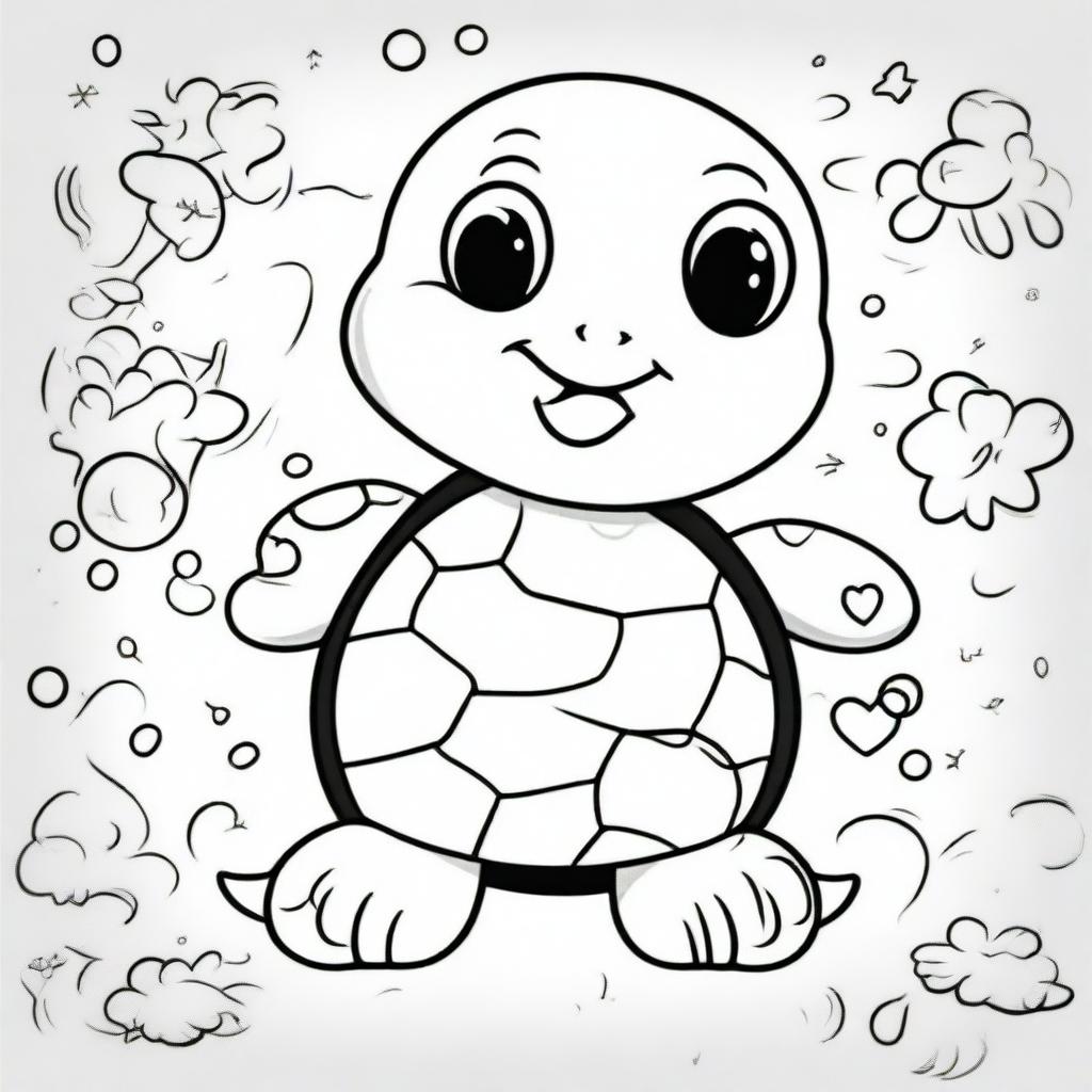 A cute and smiling turtle in a kawaii style designed as a coloring book page