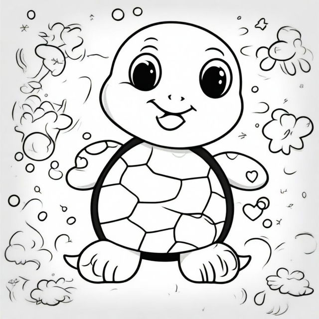 A cute and smiling turtle in a kawaii style designed as a coloring book page