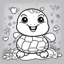 A cute and smiling turtle in a kawaii style designed as a coloring book page