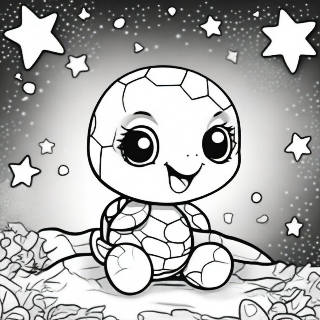 A cute baby turtle in a kawaii style designed as a coloring book page