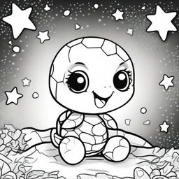 A cute baby turtle in a kawaii style designed as a coloring book page