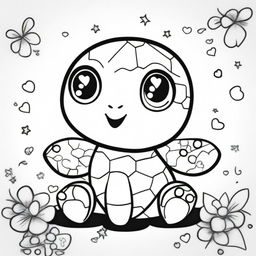 A cute baby turtle in a kawaii style designed as a coloring book page