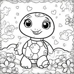 A cute baby turtle in a kawaii style designed as a coloring book page