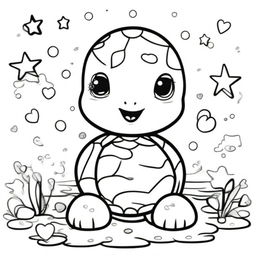 A cute baby turtle in a kawaii style designed as a coloring book page