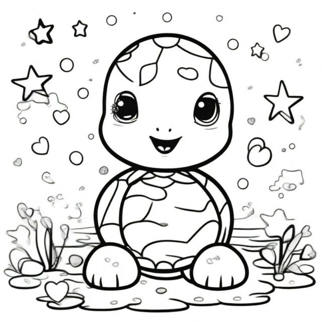 A cute baby turtle in a kawaii style designed as a coloring book page