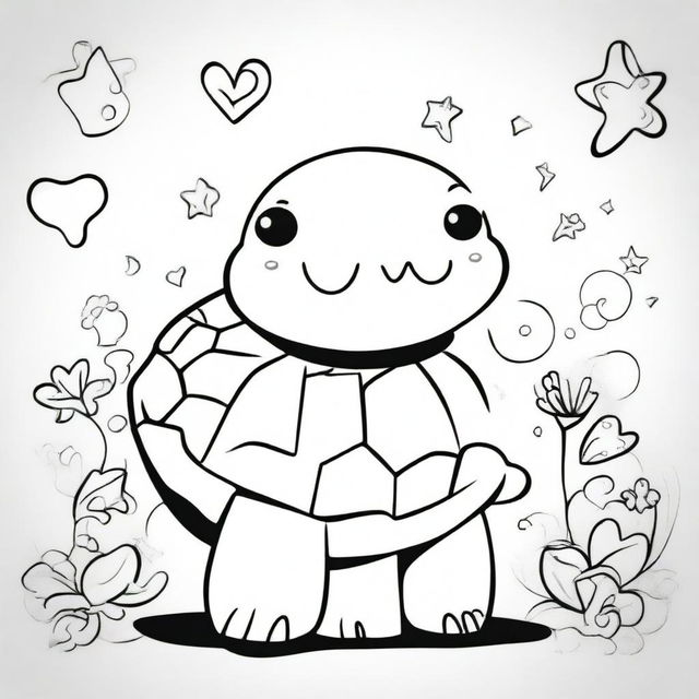 A cute turtle in a kawaii style designed as a coloring book page