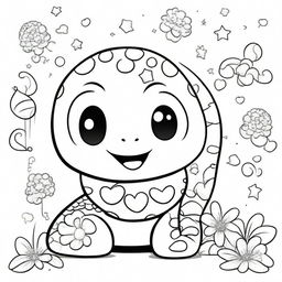 A cute turtle in a kawaii style designed as a coloring book page