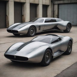 A futuristic car conceptualized in dieselpunk fashion, featuring a sleek industrial metal design, bolted steel paneling, a dominant diesel engine, and an overarching grungy post-industrial aesthetic