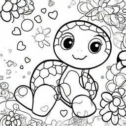 A cute turtle in a kawaii style designed as a coloring book page