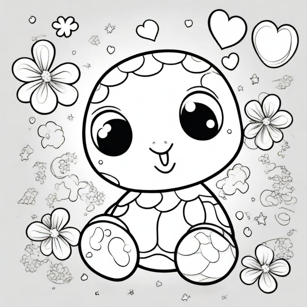 A cute turtle in a kawaii style designed as a coloring book page