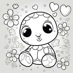 A cute turtle in a kawaii style designed as a coloring book page