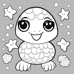 A cute turtle in a kawaii style designed as a coloring book page