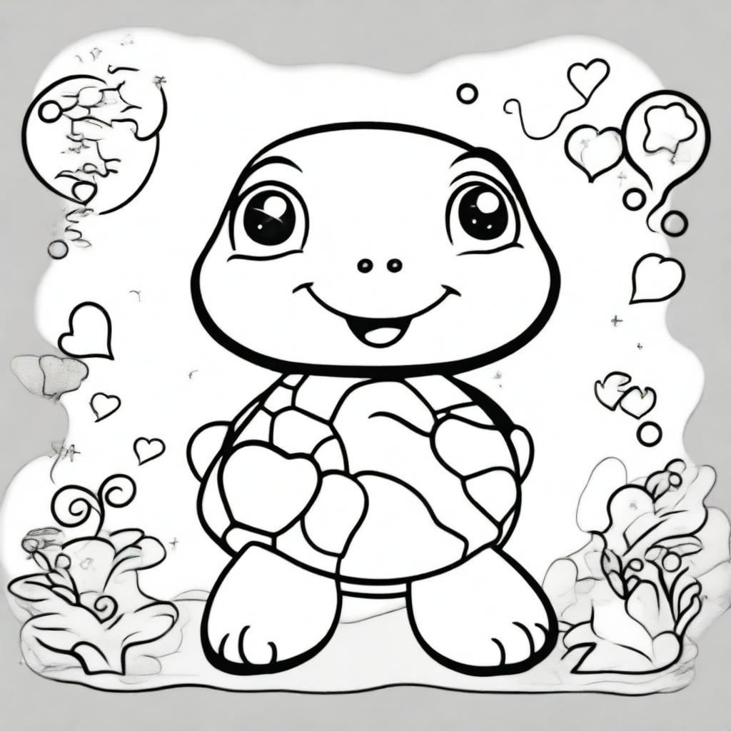 A cute turtle in a kawaii style designed as a coloring book page