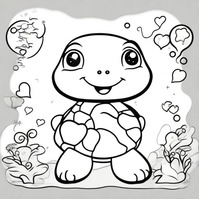 A cute turtle in a kawaii style designed as a coloring book page