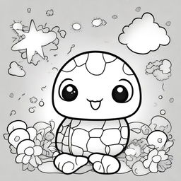 A cute turtle in a kawaii style designed as a coloring book page